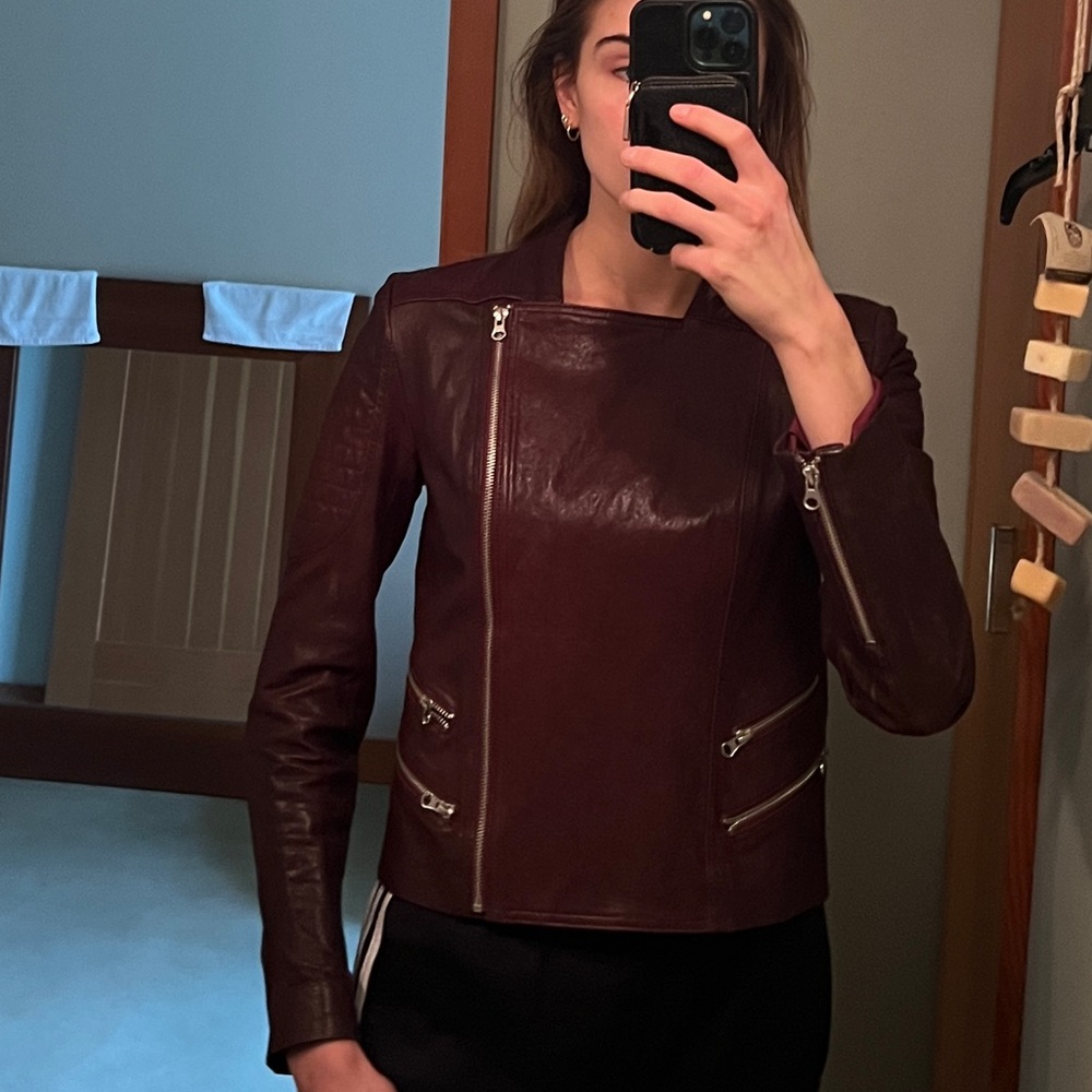 Dark red burgundy lamb leather jacket.
